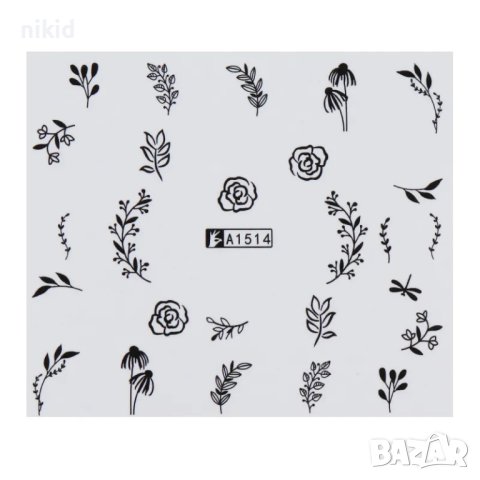 1514 клонче роза цветя листа черни ваденки водни стикери слайдери за нокти маникюр