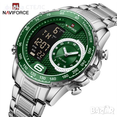 Мъжки часовник Naviforce, Неръждаема стомана, Хронограф, Зелен / Сребрист, снимка 2 - Мъжки - 41686568