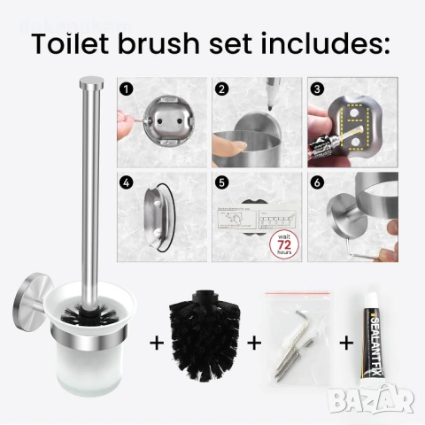 2 броя Стенна четка за тоалетна, без пробиване, неръждаема стомана, снимка 6 - Други - 53161203