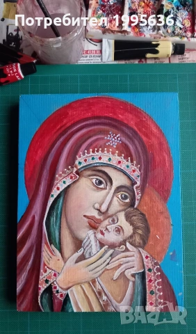 Дърворезбована рамка с иконопис Св.Богородица " Касперовска ", снимка 4 - Картини - 53260939