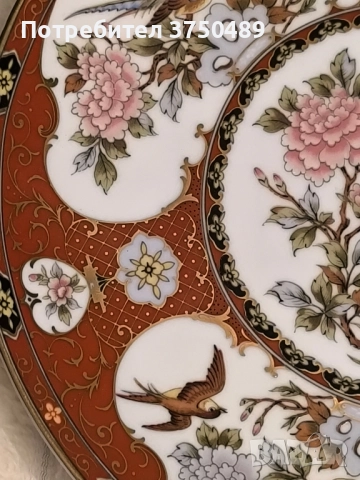 Красива японска чиния,украсена с цветя,птици и златни акценти -21 см, снимка 3 - Антикварни и старинни предмети - 52220849