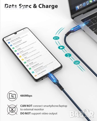 NIMASO USB C към USB C кабел за бързо зареждане 60 W, 30 см, снимка 6 - USB кабели - 42591510