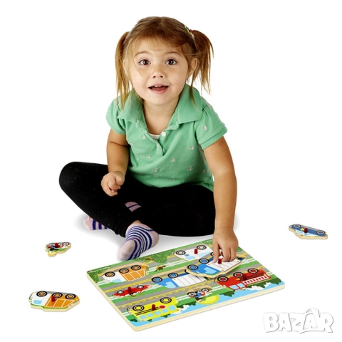Дървен пъзел с превозни средства Melissa & Doug – интерактивна обучаема играчка за малки деца, снимка 6 - Игри и пъзели - 52391426