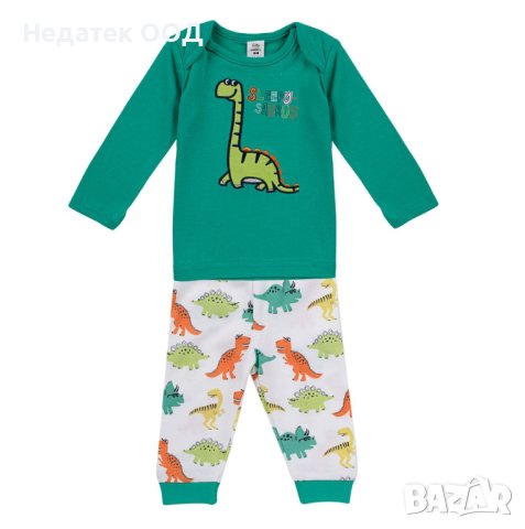 Памучна бебешка пижама, Динозаври, 3 - 6 м, Бяло/ зелено