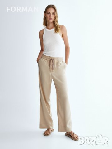Панталон с широк крачол в цвят шампанско, снимка 1