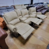 Кремав кожен диван двойка и фотьойл с ръчен релакс механизъм, снимка 8 - Дивани и мека мебел - 39955428