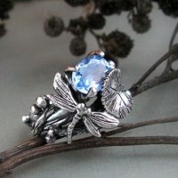 Ретро пръстен със син топаз, апликации листо, пеперуда, снимка 2 - Пръстени - 35976063