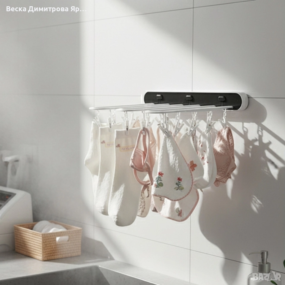 Самозалепваща се сгъваема стойка за сушене на дрехи с 24 щипки, снимка 1