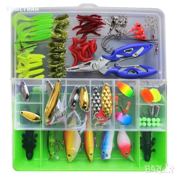 Риболовен комплект 101 части примамки блесна воблер червей и кукички, снимка 1