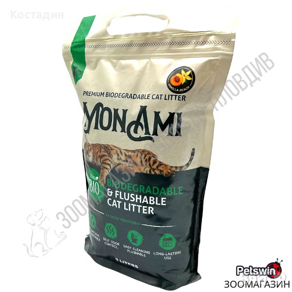 Биоразградима Котешка Тоалетна/Постелка - 5L - Аромат Ванилова Праскова - Mon Ami, снимка 1