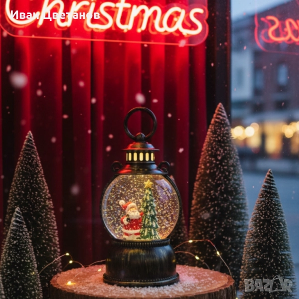 Голям LED коледен фенер с ефект на падащ сняг – приказна светлина и празнична магия, снимка 1