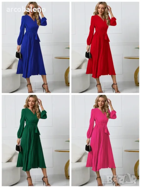 Дамска рокля с дълъг ръкав с тънък плисиран колан с V-образно деколте и пола с A-силует, 4цвята , снимка 1
