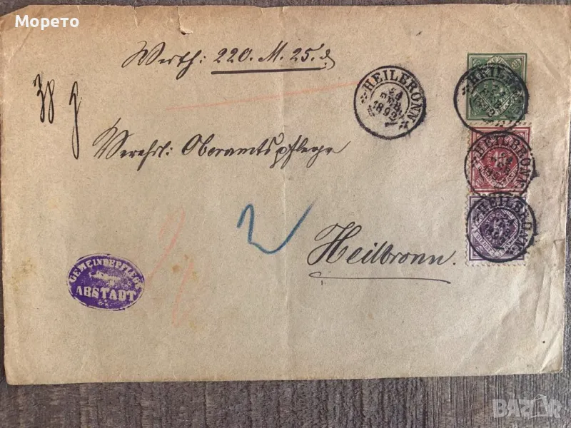 Рядък пътувал плик от Германия(Вюртенберг)-1892год.-2, снимка 1