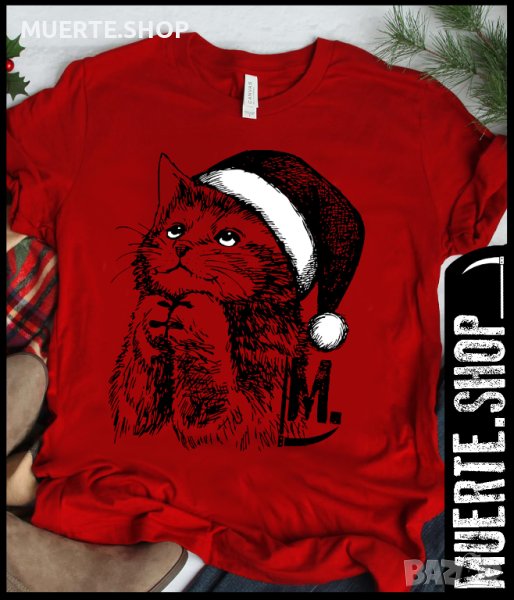 Червена дамска тениска с щампа CUTE CHRISTMAS CAT за Коледа, снимка 1