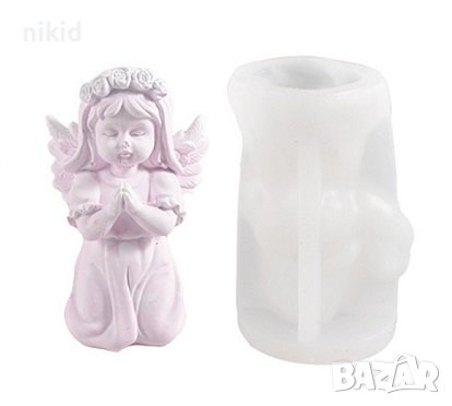 3D Голямо момиче ангел на колене с венец силиконов молд форма гипс фондан смола шоколад декор свещ, снимка 1
