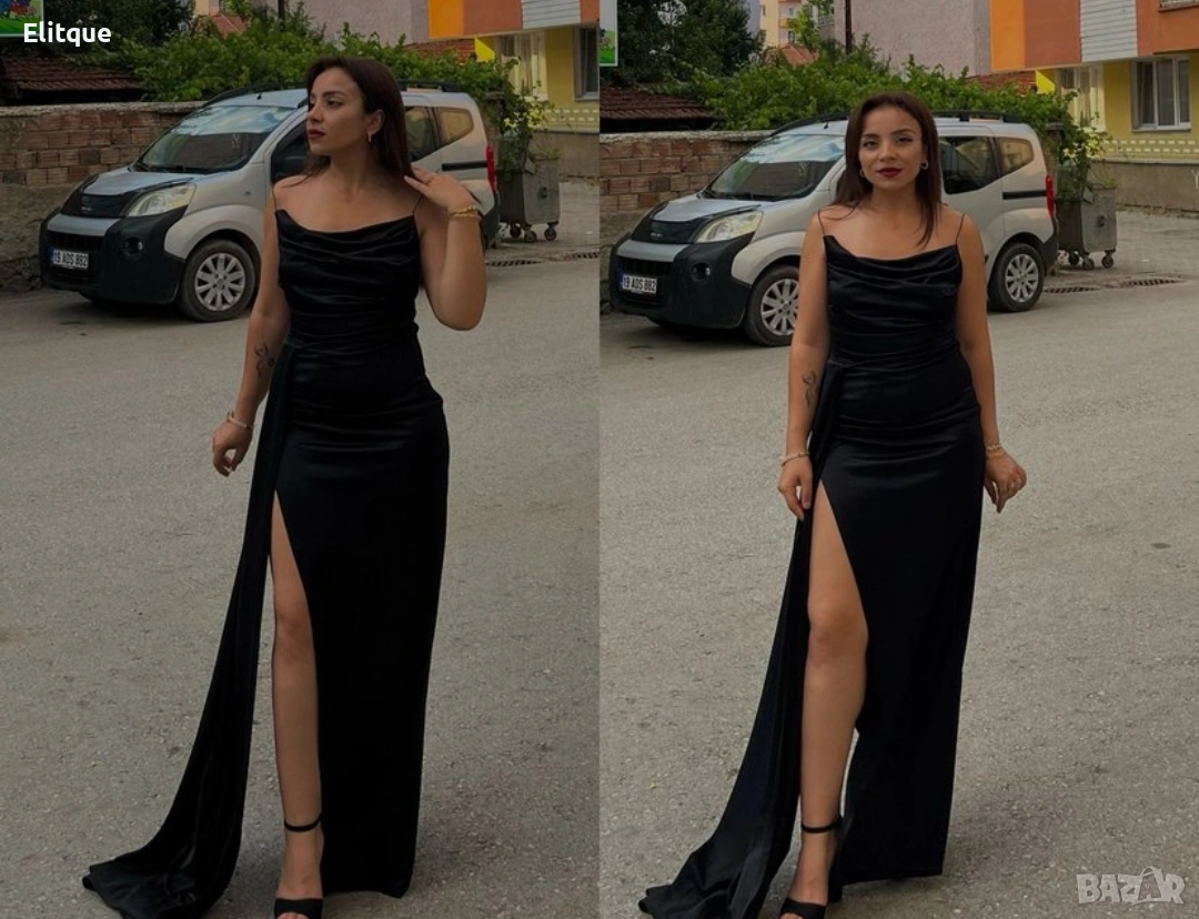 дълга сатенена рокля с цепка , снимка 1