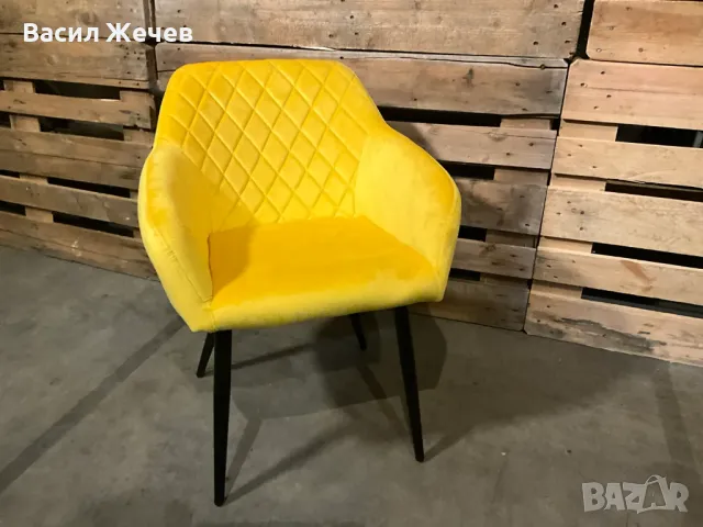 Стол плюш, жълт, Кресло с метални крака, снимка 3 - Столове - 48790237