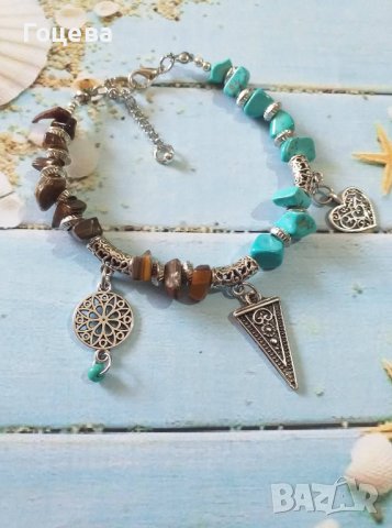 Много красива Бохо гривна със скъпоценни камъни Тюркоази и Тигрово око, снимка 4 - Гривни - 26953448
