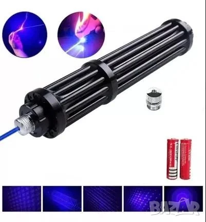 Син Акумулаторен Лазер 50000mW Пука Балон Запалва Клечка Кибрит Кашон Пали Цигара Прогаря Дрехи Кожа