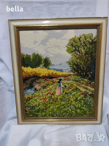 Продавам ръчно ушит гоблен "Разходка край реката" по класически френски сюжет. , снимка 3 - Антикварни и старинни предмети - 56231721