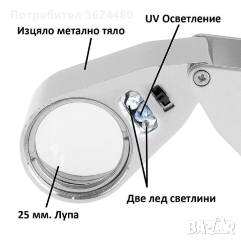 Бижутерска сгъваема лупа с осветление 40х, 25 мм. 9890, снимка 4 - Други инструменти - 52749963
