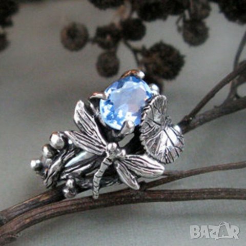 Ретро пръстен със син топаз, апликации листо, пеперуда, снимка 2 - Пръстени - 35976063