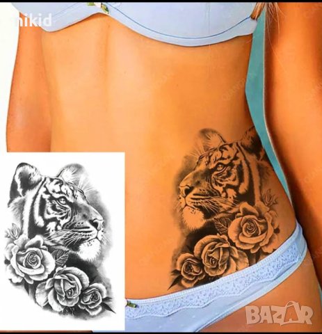 Тигър с рози временна татуировка татос татус Tattoo