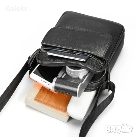 Мъжка компактна кожена чантичка с капаче / Гланцова черна естествена кожа!, снимка 4 - Чанти - 53101729