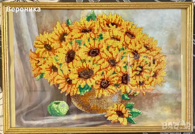 ушит гоблен с чешки мъниста "Букет във ваза"