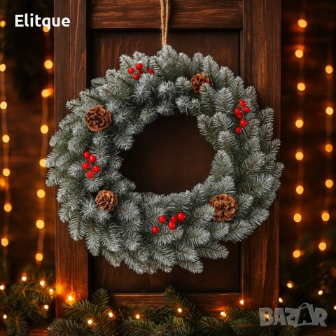 Голям коледен венец, декориран с изкуствени елхови шишарки, 50см.  , снимка 3 - Декорация за дома - 52904022