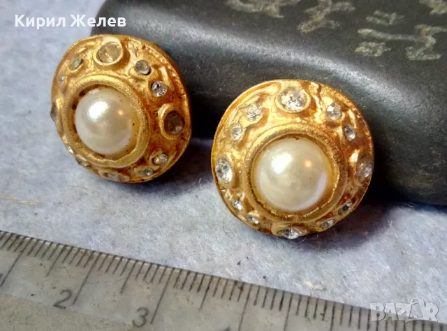 ЧИФТ СТАРИ ВИНТИДЖ АРТ ПОЗЛАТЕНИ ПЕРЛЕНИ МЕДНИ КЛИПС ОБЕЦИ с БЛЕСТЯЩИ КРИСТАЛИ 17593, снимка 8 - Антикварни и старинни предмети - 48818878