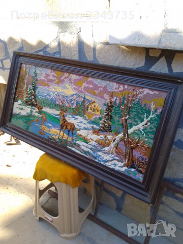 Продавам ръчно тъкан гоблен стадо елени на водопой през зимата.., снимка 4 - Гоблени - 39701737