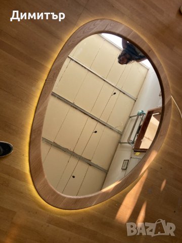 Ръчно изработено LED Огледало с подсветка в асиметрична дървена рамка от липа или дъб, снимка 5 - Огледала - 42692298