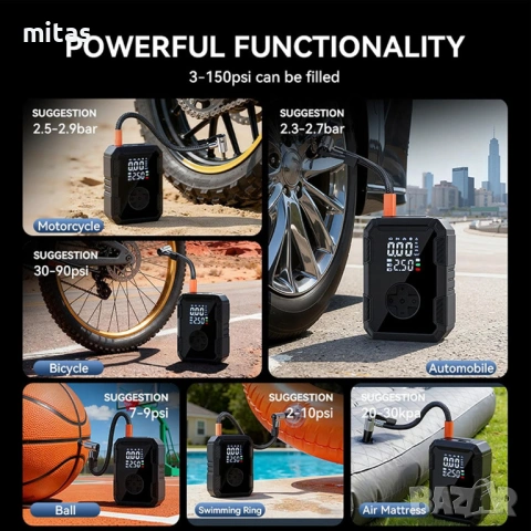 Преносим компресор за помпане на гуми - Type-C, 150PSI, 4000mAh, LED, снимка 10 - Аксесоари за велосипеди - 53541818
