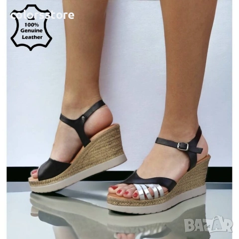 Сандали на платформа - черно и сребристо ЕСТЕСТВЕНА кожа - 6168

