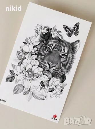 3 модела тигър с цветя роза черно бял временна татуировка татос татус Tattoo, снимка 2 - Други - 47273403