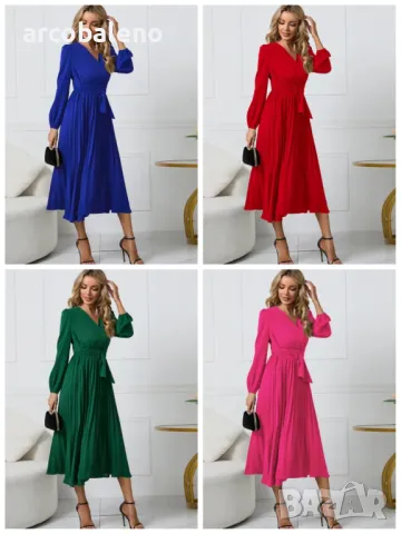 Дамска рокля с дълъг ръкав с тънък плисиран колан с V-образно деколте и пола с A-силует, 4цвята 