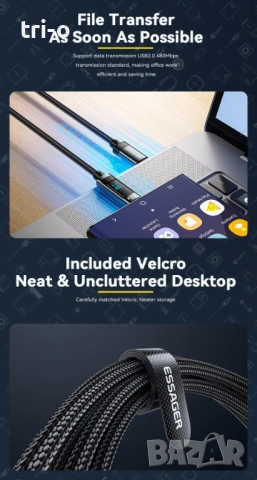 Essager 240W USB Type-C към USB C, 100W PD 3.1, бързо зареждане 2 метра, снимка 3 - USB кабели - 52499528