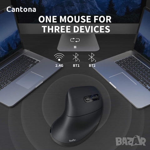 Bluetooth вертикална ергономична мишка, Vssoplor BT1+BT2+2.4G, оптична-1000/1600/2400 DPI, 5 бутона, снимка 6 - Клавиатури и мишки - 36048929
