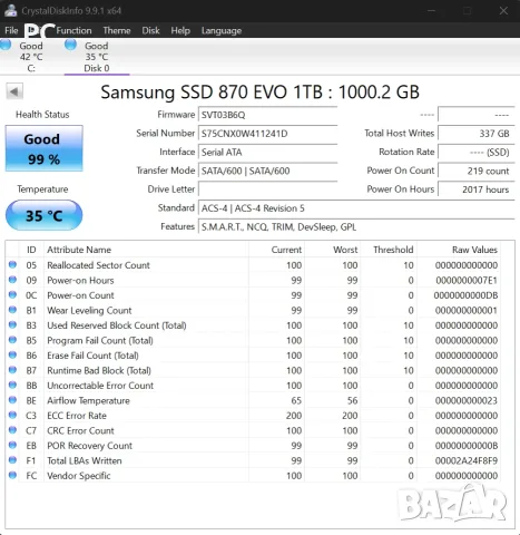 SSD 1TB Samsung 870 EVO SATA Тествано 84 дни като ново 98%, снимка 2 - Твърди дискове - 54278150