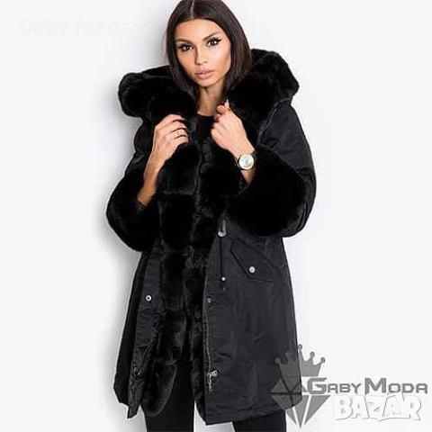 Дамско зимно яке парка черно с черен пух