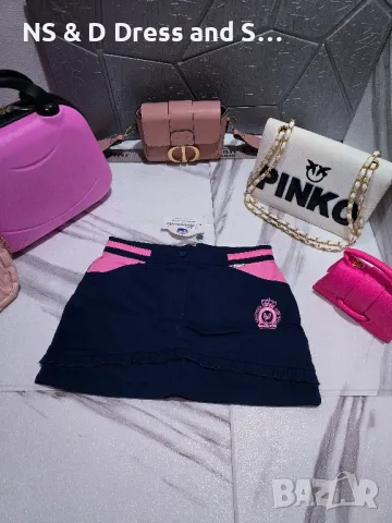 Дамска къса пола в тъмно синьо и розово