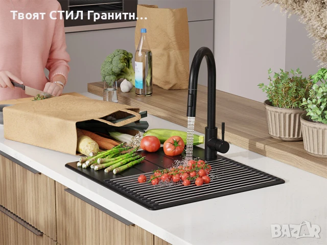 Черна кухненска гранитна мивка Копенхаген 40 Top 550 x 500 мм, снимка 2 - Мивки - 51015684