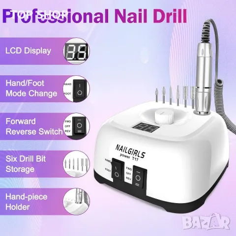 Професионална пила за маникюр- педикюр NAILGIRLS T17- 35000RPM, снимка 5 - Педикюр и маникюр - 49426068