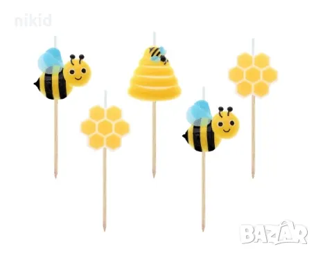 5 бр свещи свещ с пчела пчели пчелички медена пита за торта Рожден ден детско парти топери топер