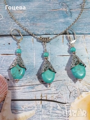 Разкошен комплект бижута Викториански стил с голям Тюркоаз и орнаменти в цвят Сребро , снимка 2 - Бижутерийни комплекти - 34557241