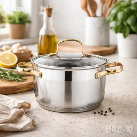 Комплект тенджери с елегантни златисти дръжки DJ24 + Подарък Ръчен чопър KN3, снимка 8 - Други - 53269621