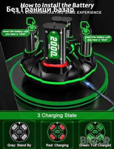 Нова Xbox Зарядна Станция + 4 Батерии 2000mAh за игри геймър, снимка 3 - Друга електроника - 44256904