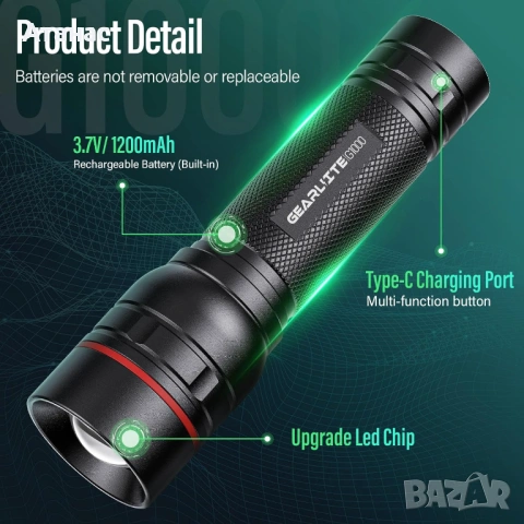 Акумулаторно водоустойчиво LED фенерче със ZOOM, висока мощност, снимка 3 - Оборудване и аксесоари за оръжия - 53427754