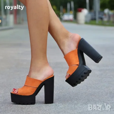 Чехли на ток - оранжев велур с черно ходило